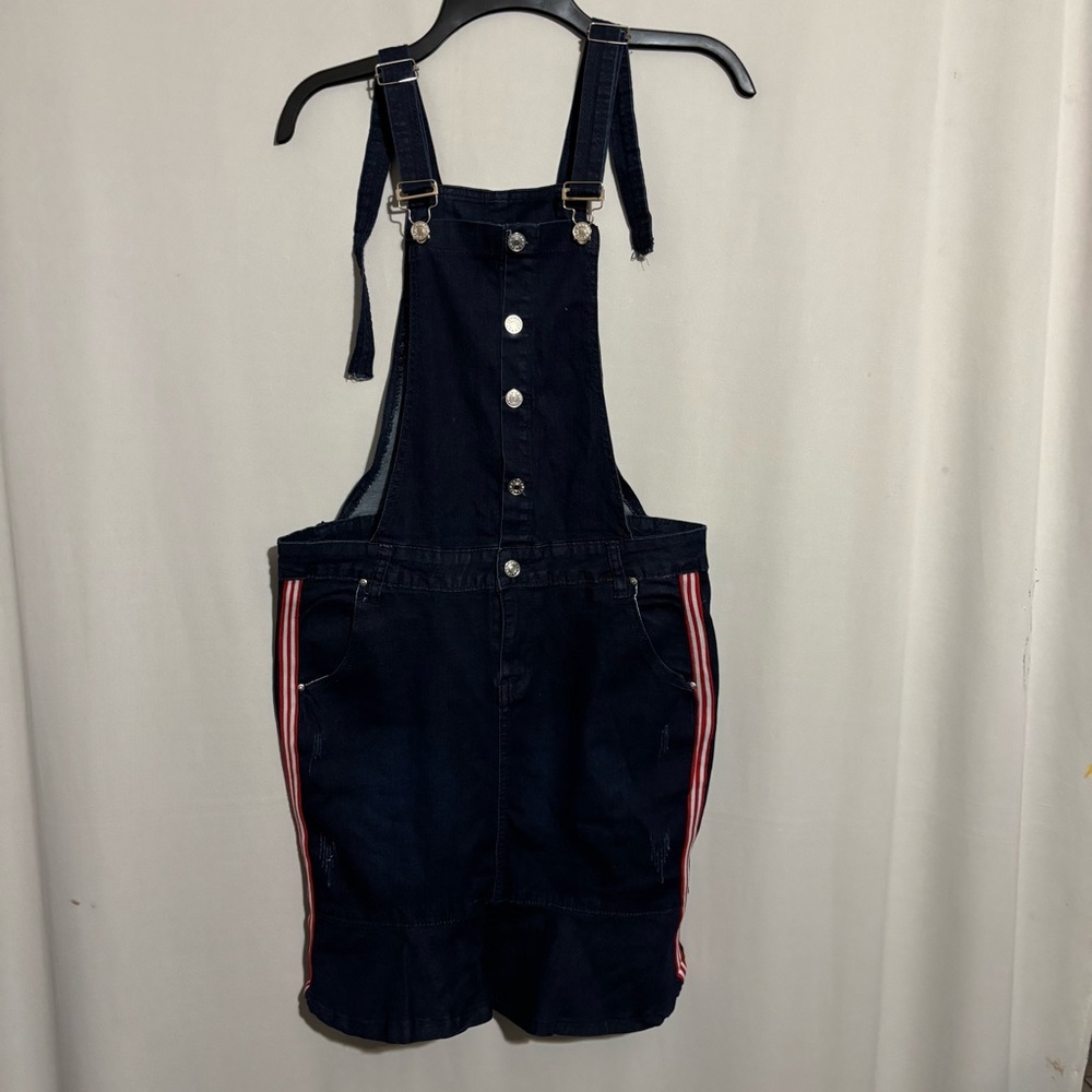 Unbranded XL Dark Wash Denim Bib Overalls Skirt with Side Red White Stripes - Picture 1 of 7